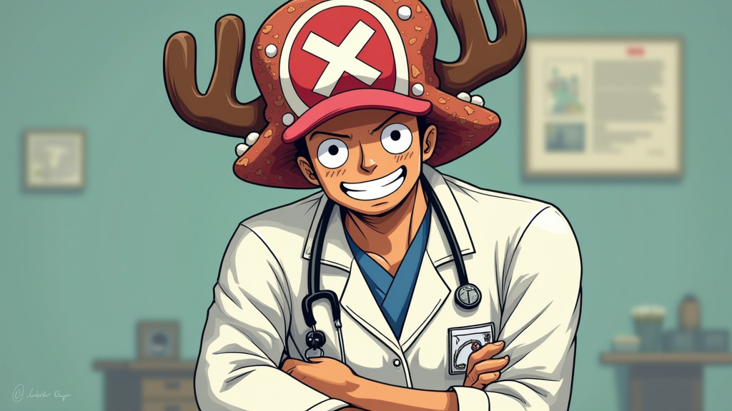Illustration d'Eiichiro Oda montrant Chopper en tenue MSF avec le drapeau de l'organisation