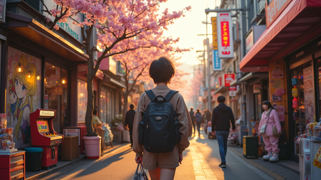 Rue animée d'Akihabara à Tokyo avec des néons colorés et des fans cosplayés